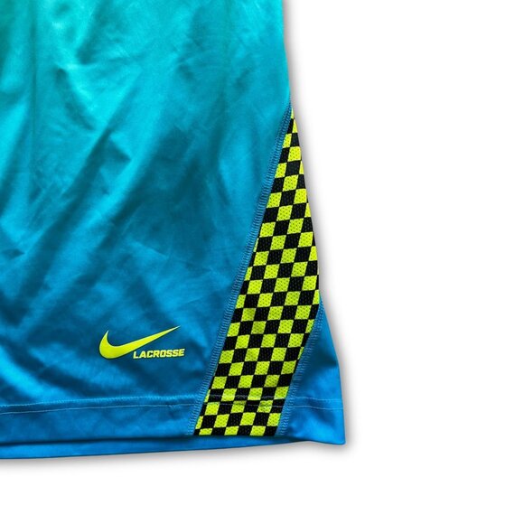 Nike Mens Dri-Fit Lacrosse Athletic Shorts L Blue & Neon Yellow Gradient Checker - Picture 4 of 7